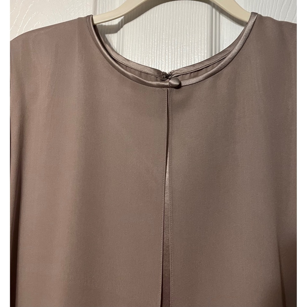 Kay Unger Evening 100% Silk Dress Taupe Mauve Long Sleeve Button Back Size 12